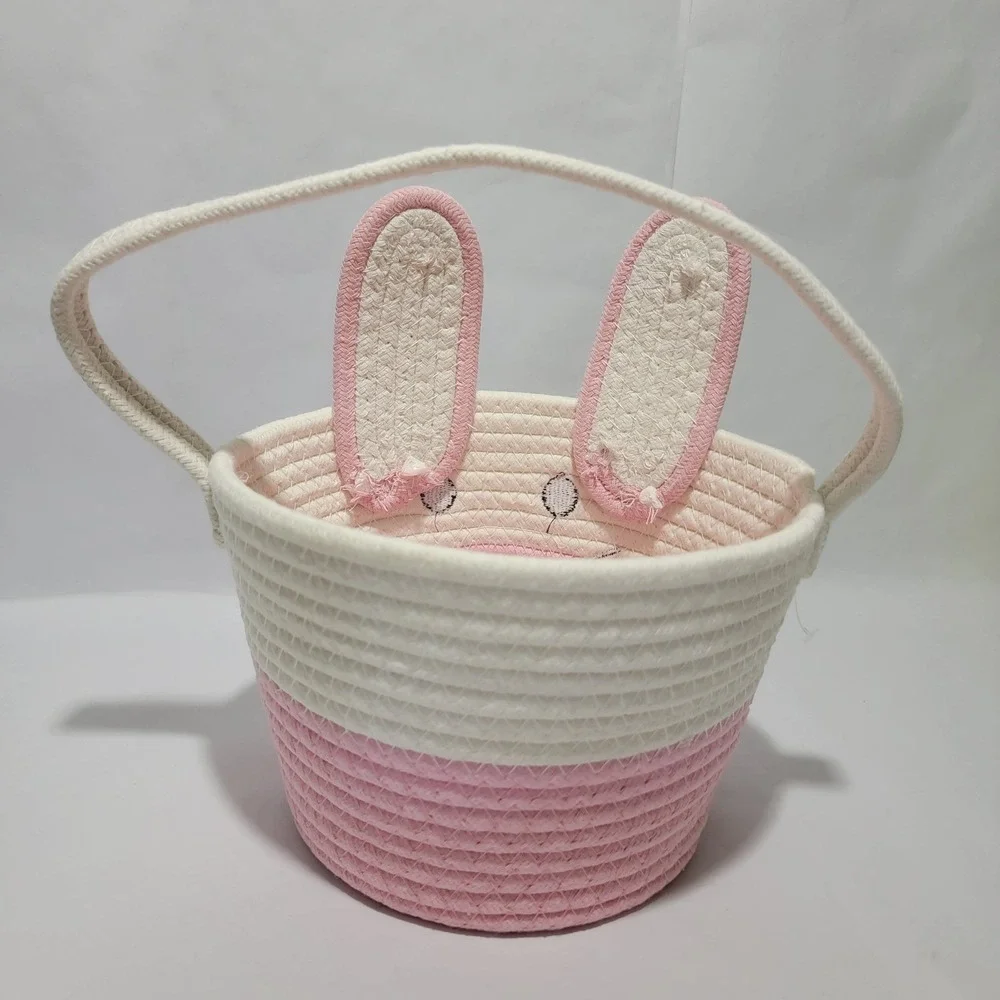 Pink White Bunny Easter Basket Cotton Rope Coiled Storage Tote Rabbit Ears 6in